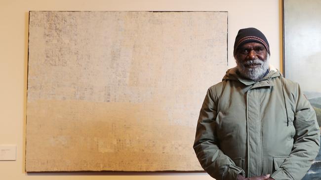 Carbiene McDonald Tjangala with his work <i>Four Dreamings</i> which has won the 2019 Hadley’s Art Prize. Picture: NIKKI DAVIS-JONES