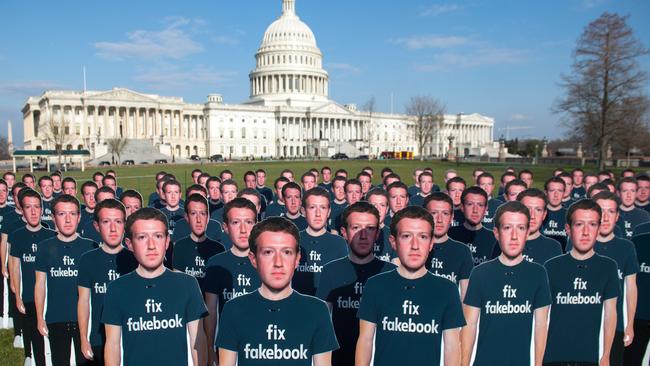 An activist group placed 100 cardboard cutouts of Mark Zuckerberg outside the US Capitol in Washington, DC ahead of his Senate appearance. Picture: AFP