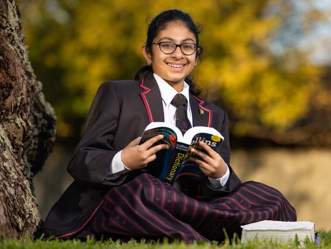 Theekshitha Karthik, photographed last year when she was named the national champion of the Prime Minister’s Spelling Bee in the Year 5-6 age group. Picture: Jason Edwards