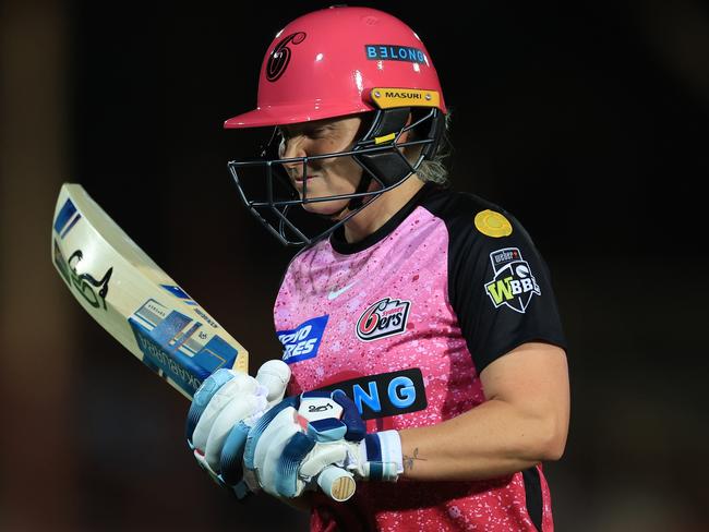 SYDNEY, AUSTRALIA - OCTOBER 19: Alyssa Healy of the Sixers comes off after being caught out by Annabel Sutherland of the Stars bowled by Sophie Day of the Stars during the WBBL match between Sydney Sixers and Melbourne Stars at North Sydney Oval, on October 19, 2023, in Sydney, Australia. (Photo by Mark Evans/Getty Images)