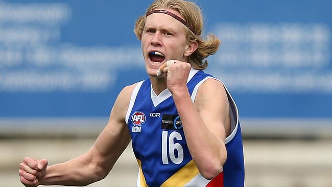 Jaidyn Stephenson celebrates a goal during a game for the Ranges.