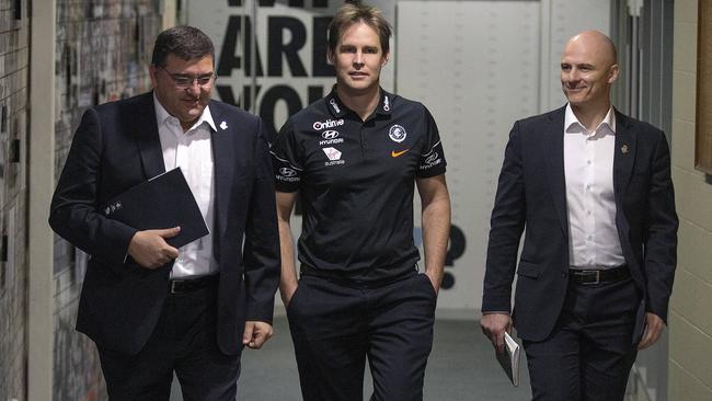 Mark LoGiudice and Cain Liddle at the announcement of David Teague as senior coach. Picture: Michael Klein