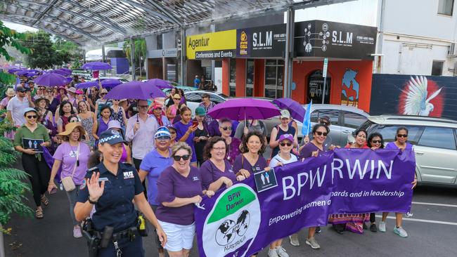 Crowds mass during Darwin's International Womens Day March in the CBD. Picture: Glenn Campbell