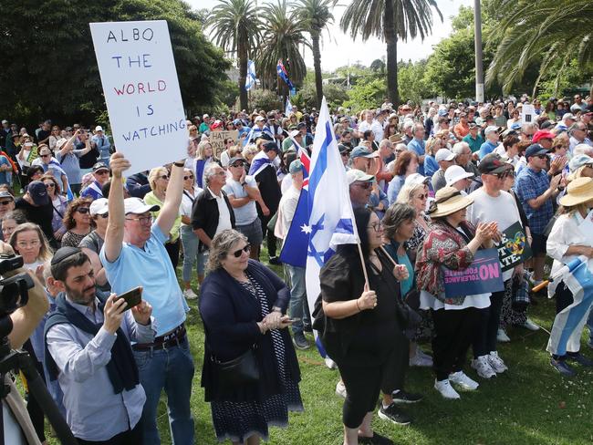 The Jewish Community and supporters hold a vigil in a park near the Adass Israel Synagogue in Ripponlea that was fire bombed. Picture: David Crosling