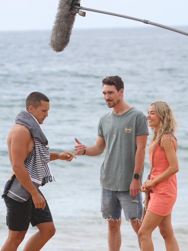 Luke Van Os with Harley Bonner and Sam Frost on set of Home and Away.