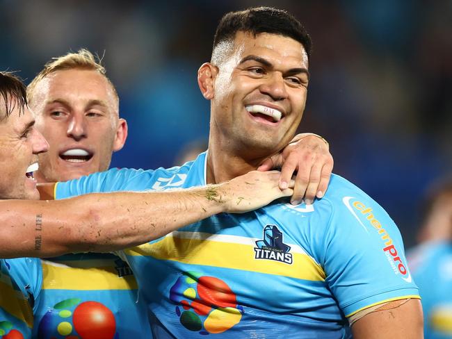 GOLD COAST, AUSTRALIA - APRIL 20: David Fifita of the Titans celebrates a try during the round seven NRL match between Gold Coast Titans and Manly Sea Eagles at Cbus Super Stadium, on April 20, 2024, in Gold Coast, Australia. (Photo by Chris Hyde/Getty Images)
