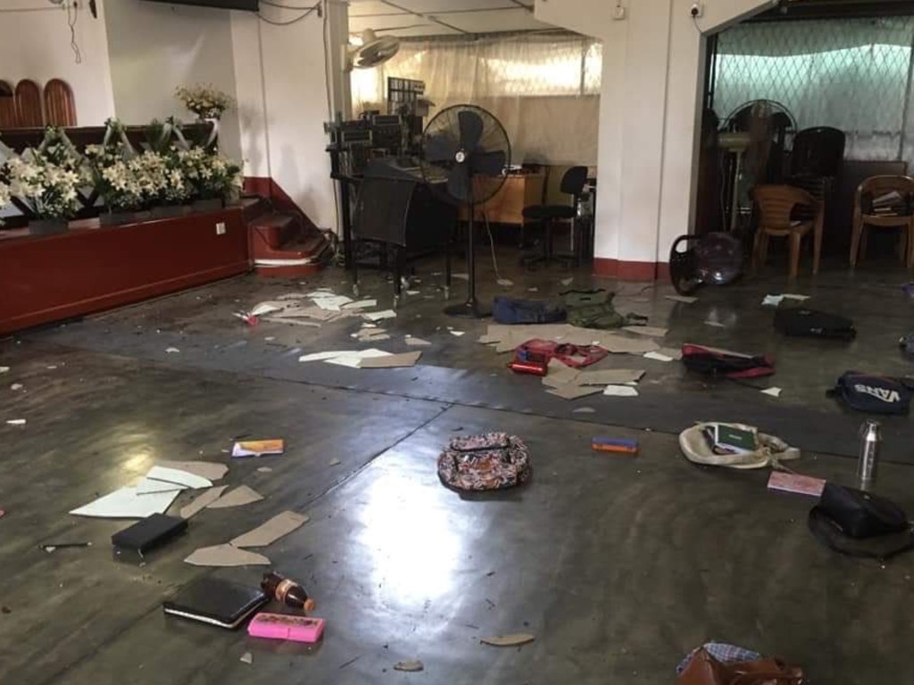 Inside the Zion Church in Batticaloa, East Sri Lanka, following the explosion. Picture: Supplied