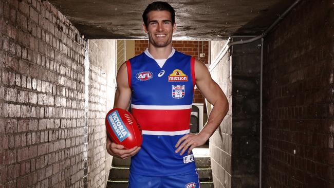 Easton Wood wears the ‘FightBack’ jumper the Bulldogs will wear in Round 17 to commemorate 30 years since ‘The Fightback’, when the club raised over $1.6 million to avoid a merger with Fitzroy. Picture: Getty