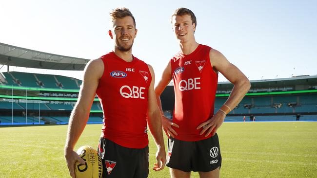 Sydney Swans players Luke Parker and Nick Blakey before training at the SCG for the first time since the outbreak of the COVID-19 pandemic. Picture: Sam Ruttyn