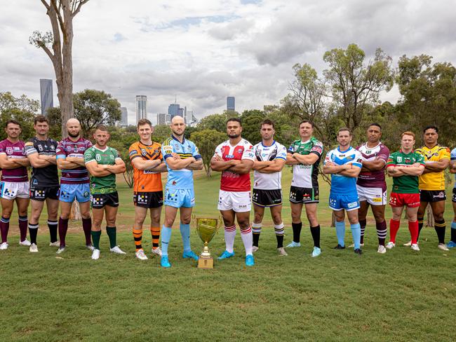 QRL Hostplus Cup players (from left) Ila Alu (PNG Hunters), Sean Mullany (Mackay Cutters), Will Brimson (Tweed Seagulls), Jack Madden (Central Queensland Capras), Rhys Jacks (Ipswich Jets), Ryley Jacks (Brisbane Tigers), Jack Ahearn (Norths Devils), Dunamis Lui (Redcliffe Dolphins), Rory Ferguson (Souths Logan Magpies),  Jaelen Feeney (Townsville Blackhawks), Chris Ostwald (Northern Pride), Sami Sauiluma (Burleigh Bears), Brendan O'Hagan (Wynnum Manly Seagulls), Patrice Siolo (Sunshine Coast Falcons), Darryn Schonig (Western Clydesdales). Picture: Erick Lucero/QRL