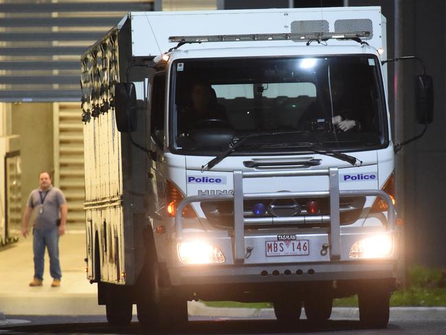 A police prisoner transport van exits the Parkville Youth Justice Precint after the matter was resolved. Picture: Tony Gough