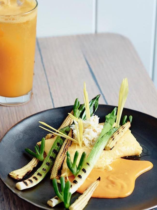 Crab omelet with chilli ketchup, baby corn and leek has never looked so good. Picture: Hiatus, via Facebook