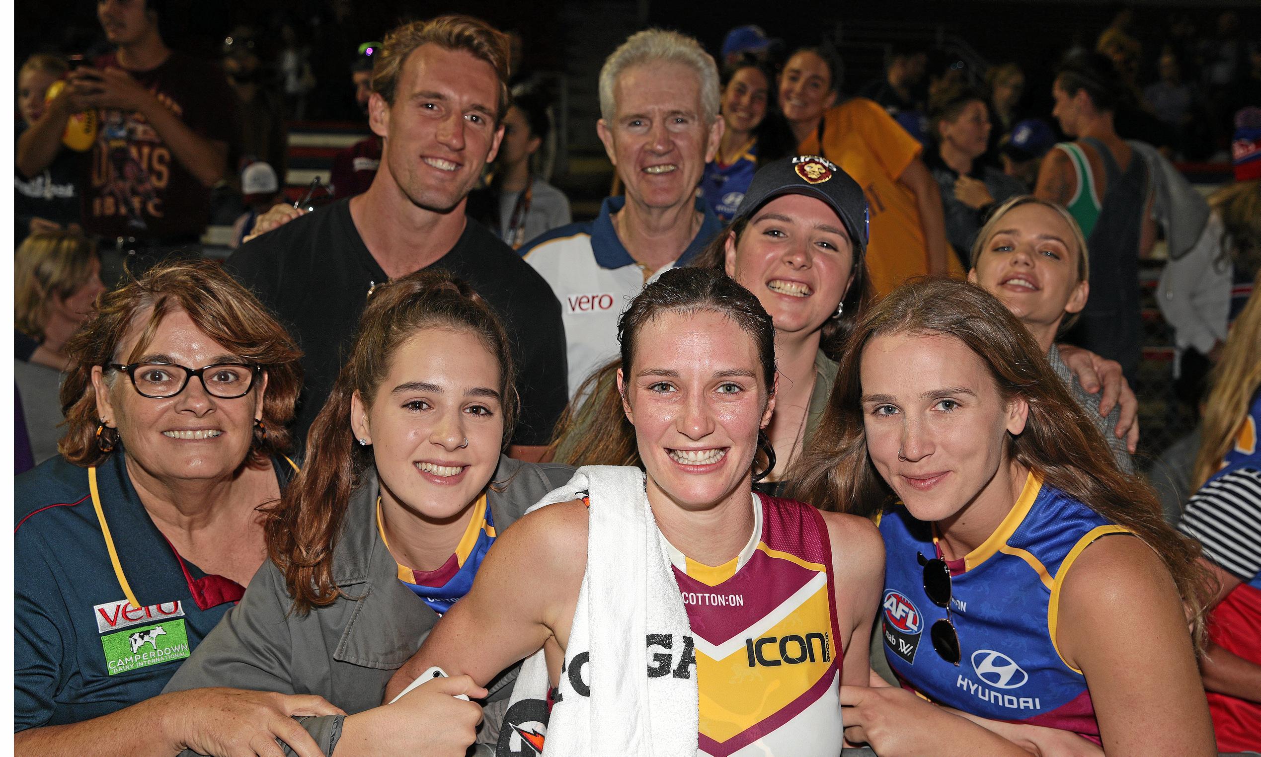 Jessy Keeffe makes her debut -  The Keeffe clan all made sure they attended Whitten Oval for Jessy's debut against the Western Bulldogs. (Back, left) Lachlan and Matt Keeffe. Middle Maddison Keeffe and Esther Moody. front Karen, Philicity, Jessy and Adrienne Keeffe. Picture: David Layden