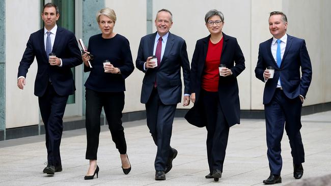 Jim Chalmers, Tanya Plibersek, Bill Shorten, Penny Wong and Chris Bowen at Parliament House in Canberra. Picture: Kym Smith