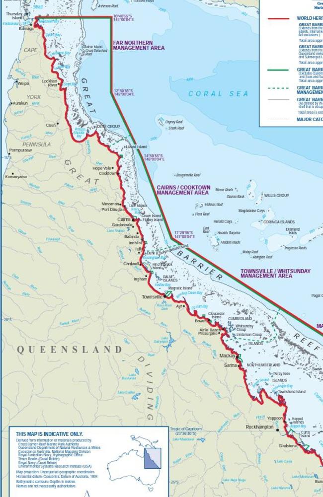 The boundaries of the Great Barrier Reef world heritage area. By mid-2027, gillnet fishing will be illegal within the red lines, when the newly created ‘NX’ licences expire..