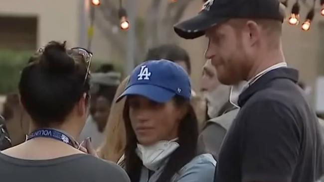 Prince Harry and Meghan Markle visited victims of the Eaton Fire in LA. Picture: FOX 11 Los Angeles