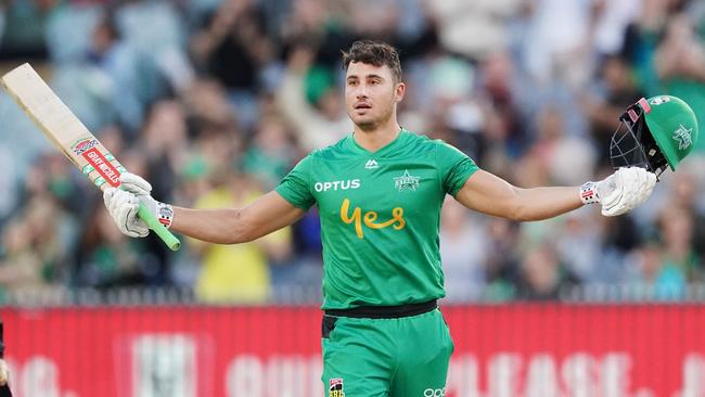 Marcus Stoinis celebrates his century for the Melbourne Stars in BBL 09. Picture: Michael Dodge/AAP