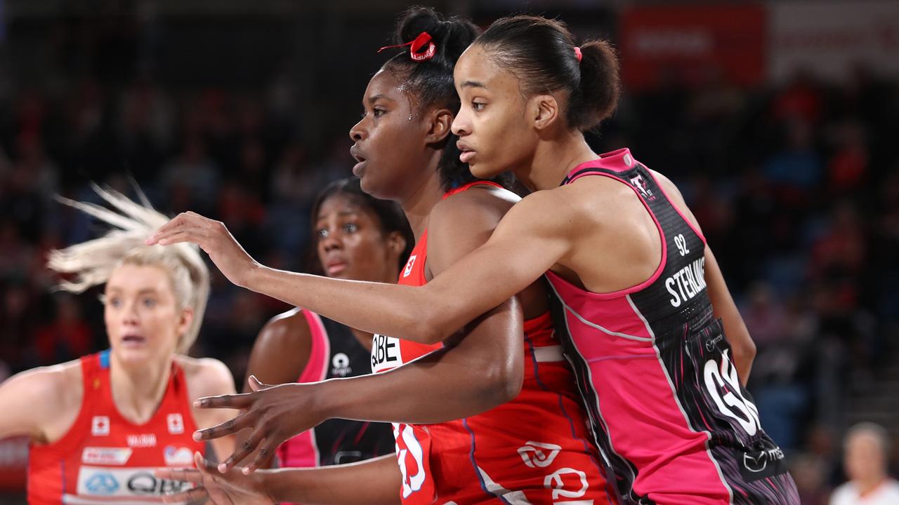 Shamera Sterling competes for the ball with Romelda Aiken-George. Picture: Getty Images