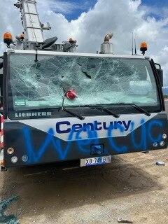 The fire extinguisher was smashed through the front windscreen. Picture: Supplied.