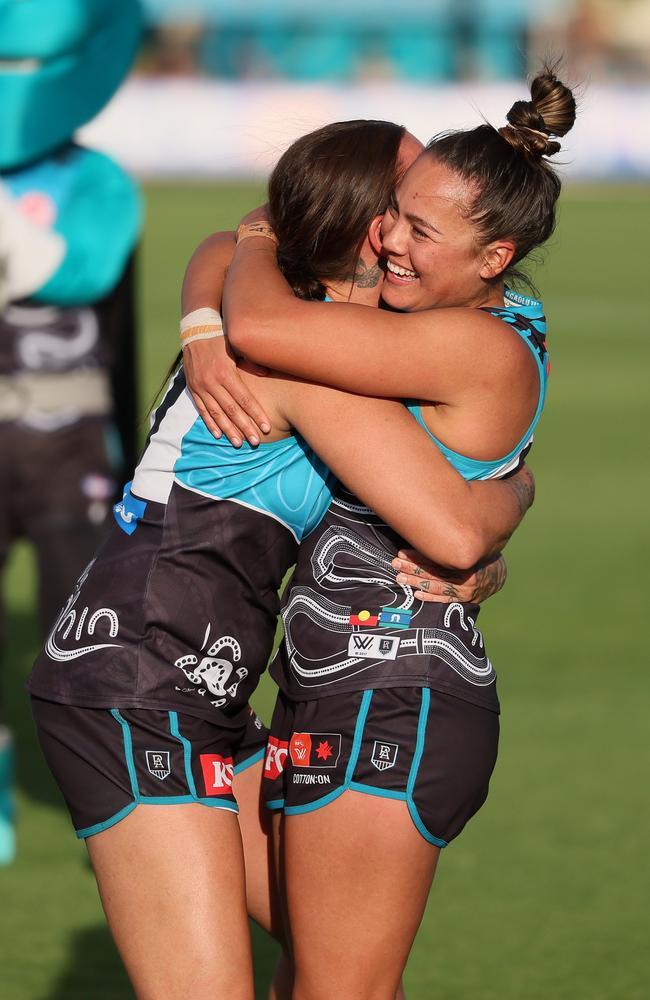 Gemma Houghton and Justine Mules-Robinson celebrate their win on Sunday. Picture: James Elsby/AFL Photos via Getty Images.