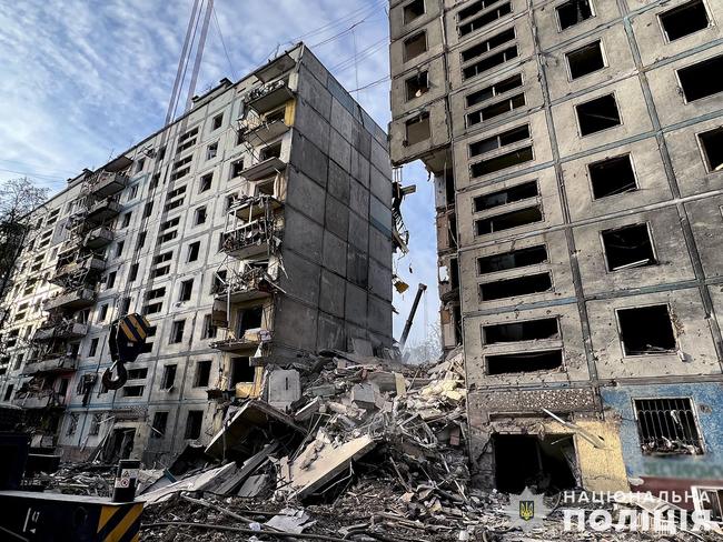 This handout picture released by National Police of Ukraine shows a residential building after a strike in Zaporizhzhia, amid the Russian invasion of Ukraine. Picture: AFP