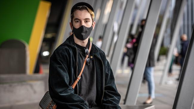 Healthcare worker Aaron Campbell was knocked back from having the Pfizer vaccine at the Melbourne Exhibition Centre. Picture: Jake Nowakowski