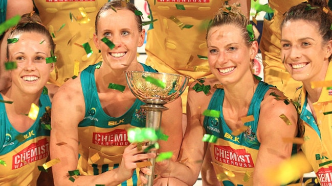 Renae Ingles and Laura Geitz of Australia hold the "Constellation Cup" after winning the series last year.