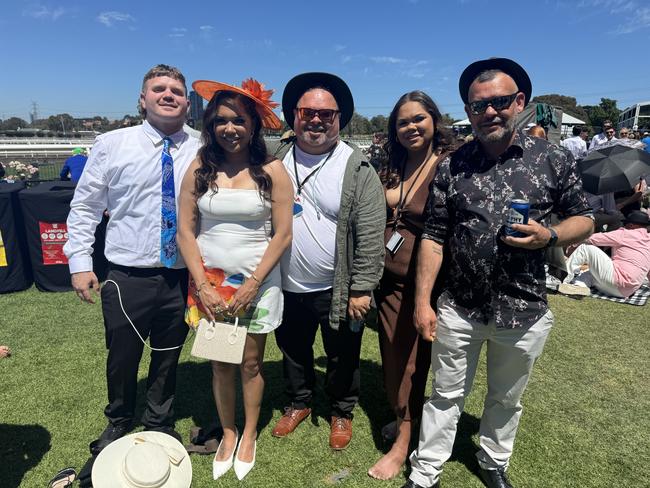 Brenton Daley-Holten, Jemma Daley-Button, Ben Holten, Tahlisa Daley-Button and Craig Williams at the Melbourne Cup at Flemington Racecourse on November 5, 2024. Picture: Phillippa Butt