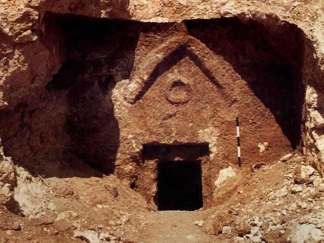 Entrance to burial cave tomb in southern Jerusalem, Israel where ossuary boxes are claimed to hold the remains of Jesus Christ, Mary Magdalane and their son Judah, by film "The Lost Tomb of Jesus".