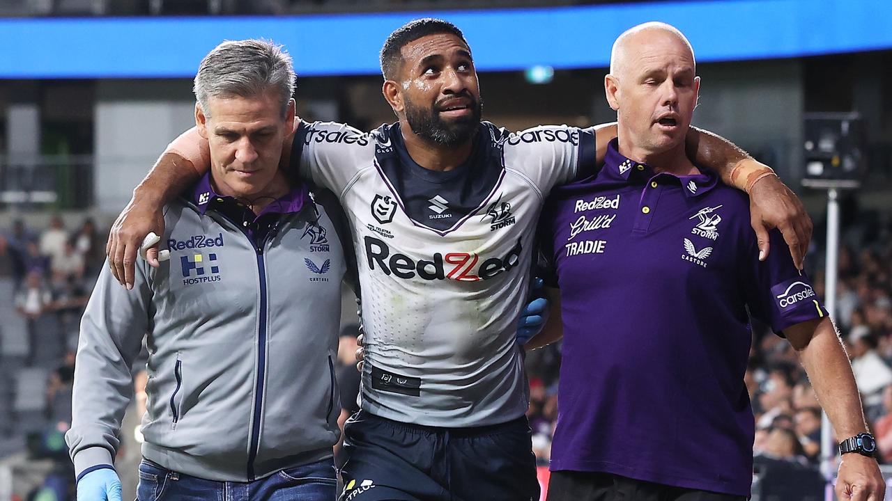 George Jennings was helped off the field after suffering an ACL injury. Picture: Mark Kolbe/Getty Images