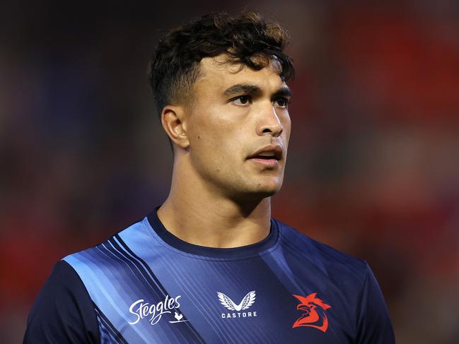 NEWCASTLE, AUSTRALIA - APRIL 11: Joseph-AukusoÃÂ Suaalii of the Roosters warms up during the round six NRL match between Newcastle Knights and Sydney Roosters at McDonald Jones Stadium, on April 11, 2024, in Newcastle, Australia. (Photo by Cameron Spencer/Getty Images)