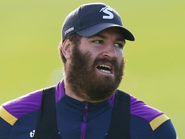 Brenko Lee runs with the ball during a Melbourne Storm NRL training session at Albury Sports Ground in Albury, Thursday, May 7, 2020. (AAP Image/Scott Barbour) NO ARCHIVING