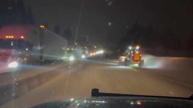 Snow and Ice Cause Semis to Spin Out on California Highway