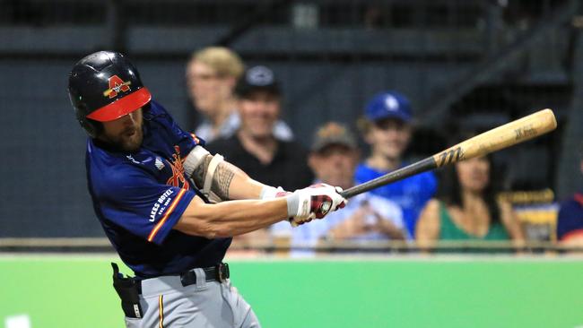 Outfielder Aaron Whitefield takes a swing for Adelaide Bite during this Australian Baseball League season. Picture: SMP Images / ABL Media 