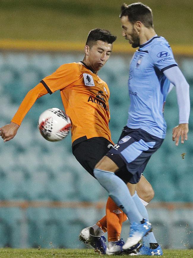 Milos Ninkovic of Sydney is tackled by Rahmat Akbari of the Roar before leaving the field. Picture: Mark Metcalfe/Getty Images