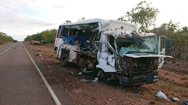 The crash scene where a tour bus and road train collided on the Stuart Highway, 15km south of Emerald Springs on Thursday night. Picture: Paul Bocock