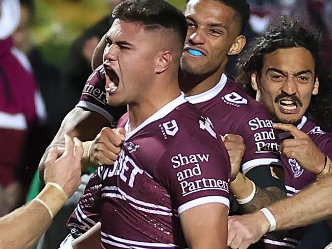 SYDNEY, AUSTRALIA - JUNE 04: Josh Schuster of the Sea Eagles celebrates scoring a try during the round 13 NRL match between the Manly Sea Eagles and the New Zealand Warriors at 4 Pines Park, on June 04, 2022, in Sydney, Australia. (Photo by Cameron Spencer/Getty Images)