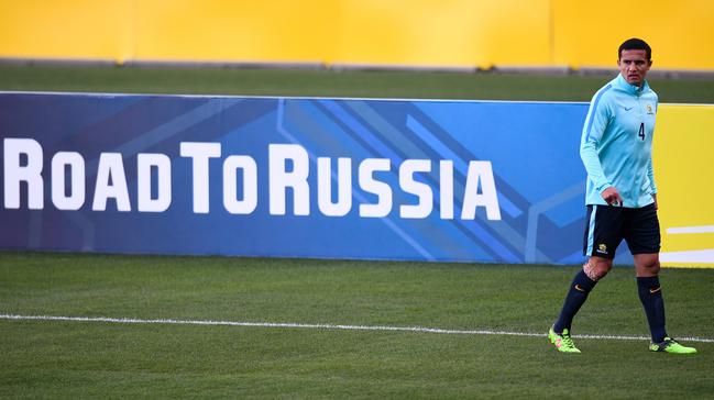 Tim Cahill at training at ANZ Stadium on Monday. Picture: AAP