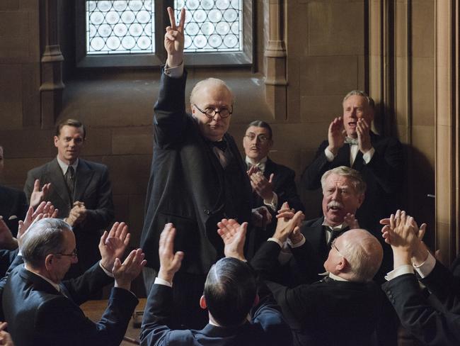 Churchill (Oldman) rallies support in a scene from Darkest Hour. Picture: Universal Pictures