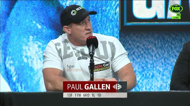 Paul Gallen addresses Josh Aloiai in Monday's press conference. Photo: Kayo.