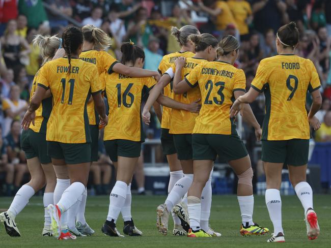 Australia celebrate Hayley Raso’s opening goal inside the first 10 minutes. Picture: Getty