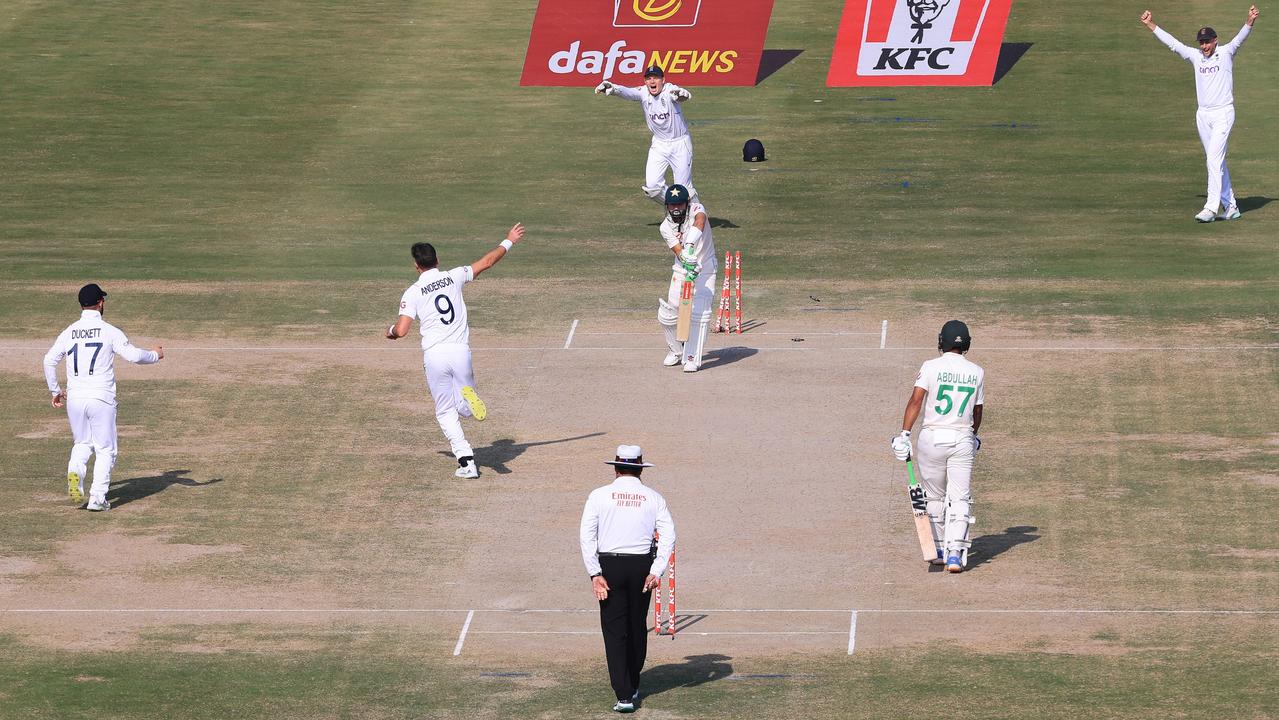 James Anderson of England celebrates bowling Mohammad Rizwan of Pakistan. Picture: Matthew Lewis