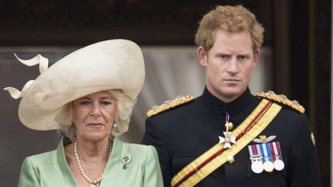 Camilla, Duchess of Cornwall and Prince Harry during the annual Trooping The Colour ceremony at Buckingham Palace in 2015. Picture: UK Press via Getty Images.