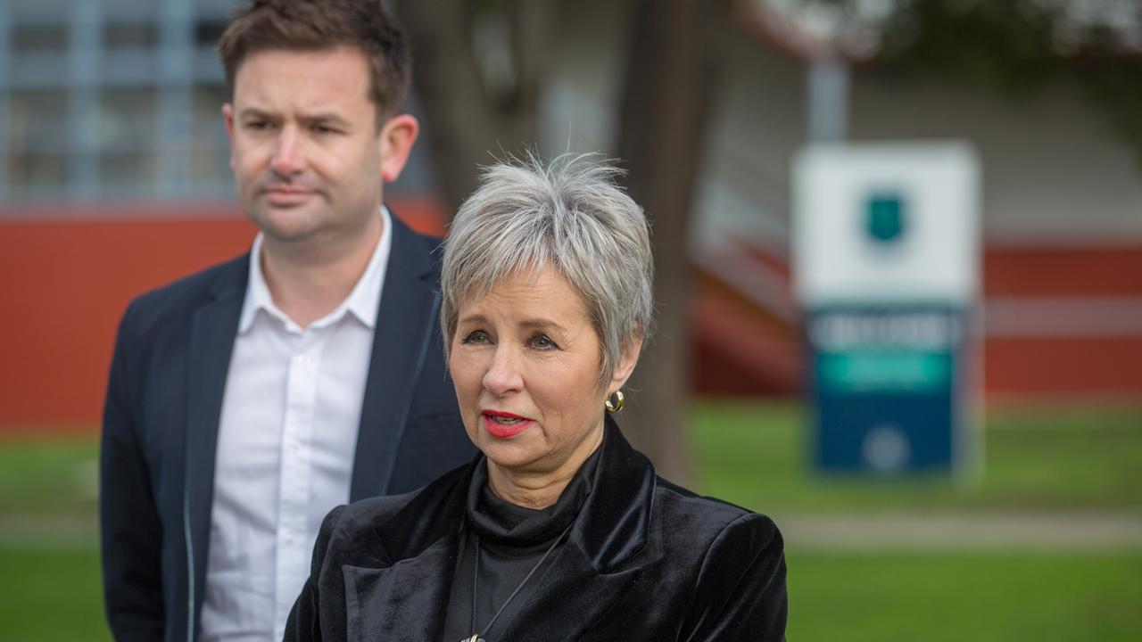 Tasmanian Labor leader Dean Winter with Mayor of Glenorchy, Sue Hickey at Cosgrove High School on Sunday 21st July 2024 talking about the UTAS move to the City of Hobart. Picture: Linda Higginson