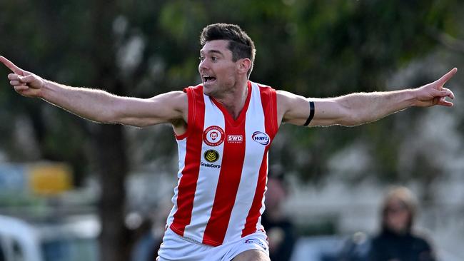 North Footscray’s Brandon Walsh celebrates a goal. Picture: Andy Brownbill