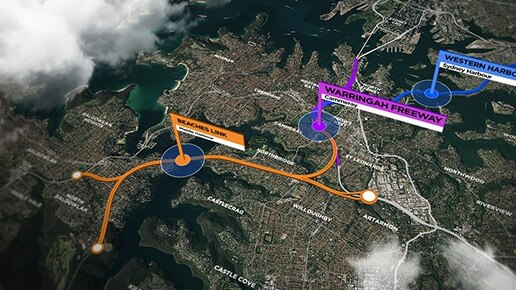 A map of the proposed Beaches Link and Western Harbour Tunnel route. Picture: RMS