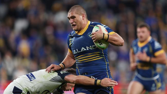 SYDNEY, AUSTRALIA - MAY 26: Wiremu Greig of the Eels is tackled during the round 13 NRL match between Parramatta Eels and North Queensland Cowboys at CommBank Stadium on May 26, 2023 in Sydney, Australia. (Photo by Mark Metcalfe/Getty Images)