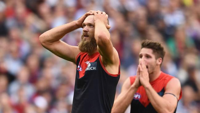 Melbourne’s Max Gawn reacts after missing a shot on goal in the dying seconds against Geelong in Round 1. Picture: Quinn Rooney/Getty Images