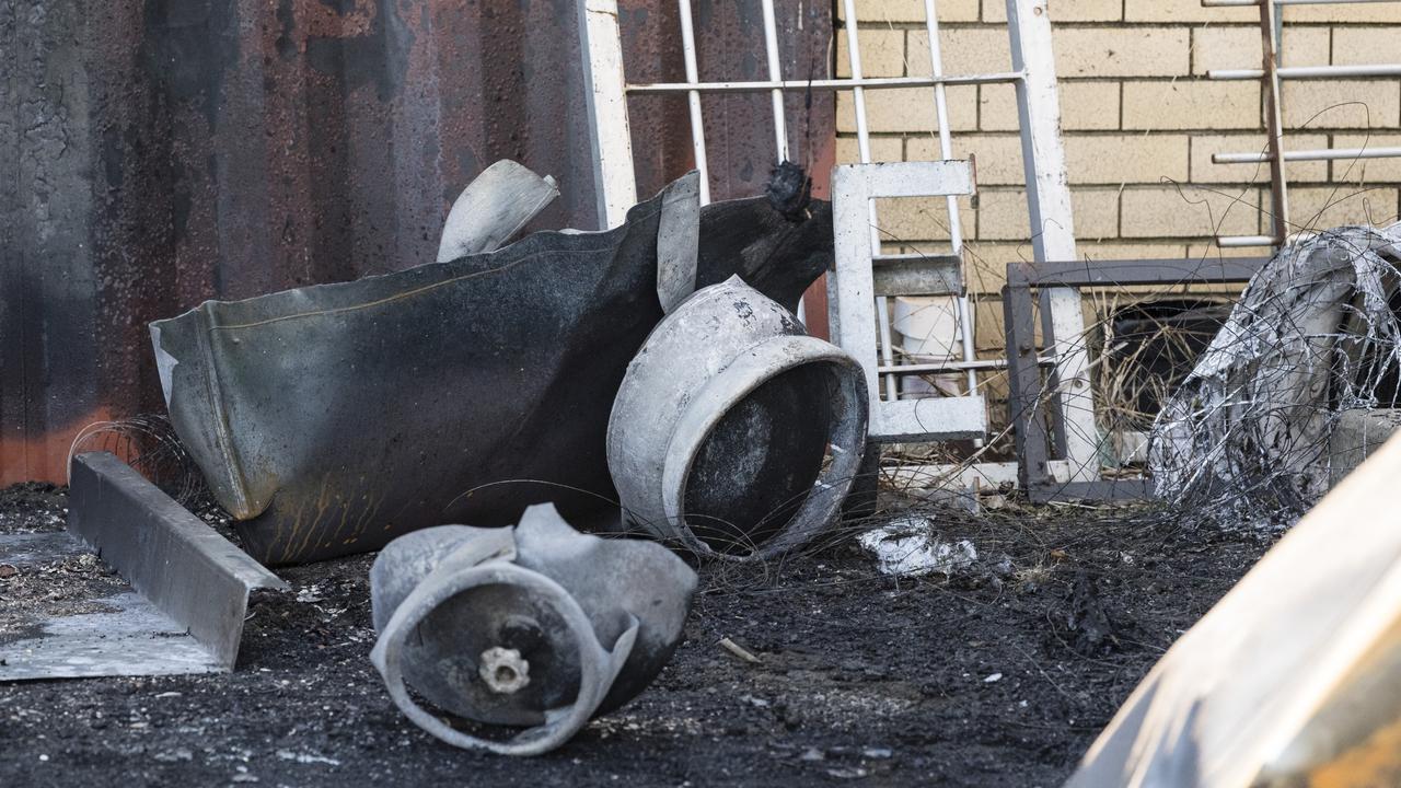 Exploded gas bottles at the scene of the fire at Jim's Jerky, Wednesday, April 5, 2023. Picture: Kevin Farmer