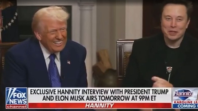 Elon Musk and Donald Trump appear on The Sean Hannity Show. Picture: Fox News